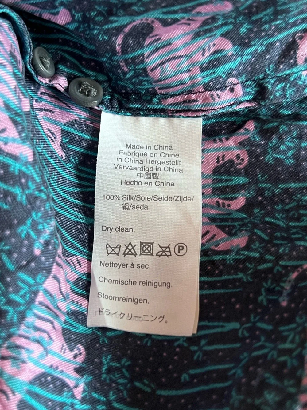 J. Crew Dark Teal Silk Button-Down Shirt with Purple Tiger Print